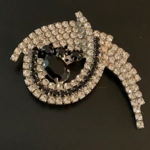 Vintage Rhinestone Brooch Large Curved w Sparkling Rhinestones and onyx